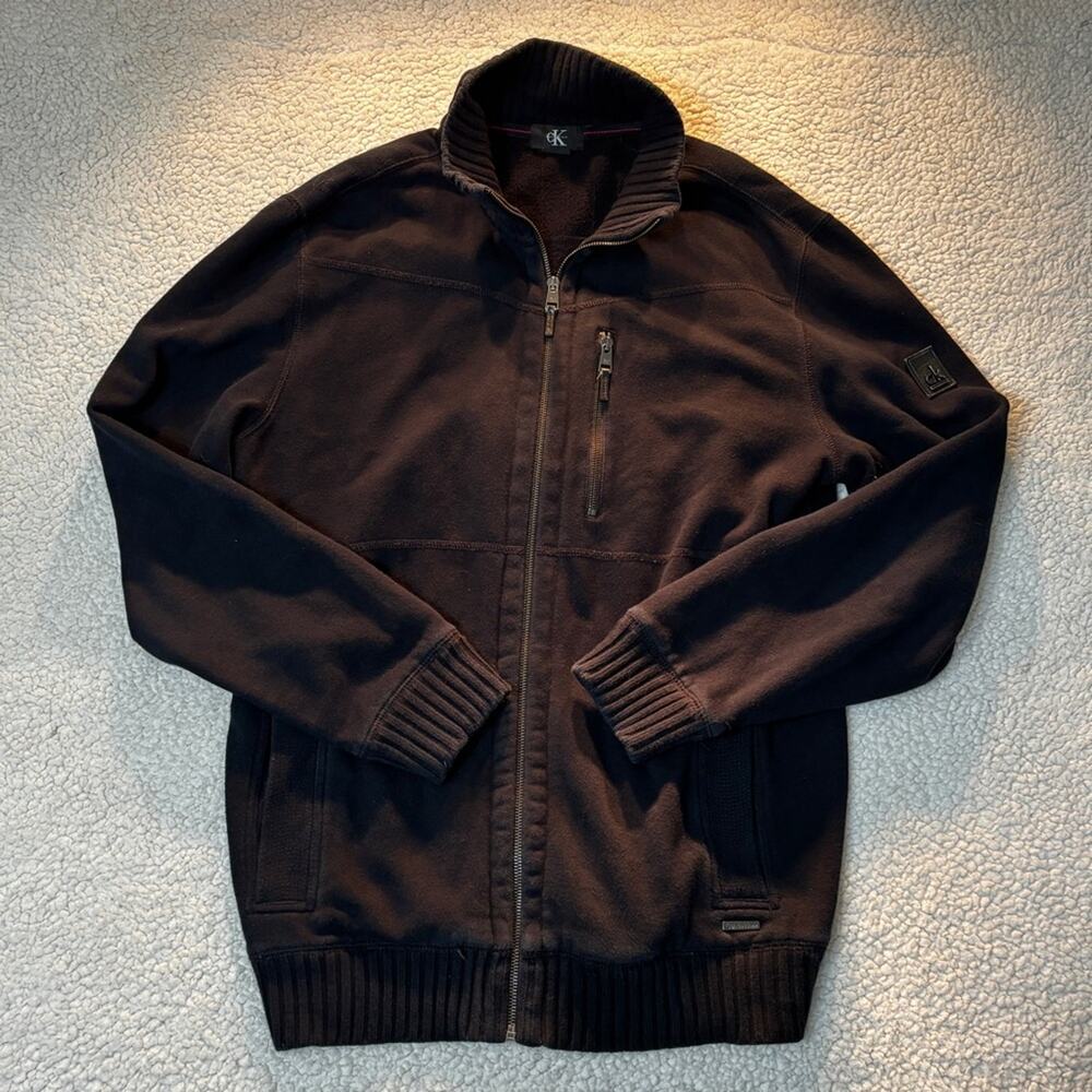 Calvin Klein CK Logo Full Zip Cotton Blend Sweater Jacket Black L Knit